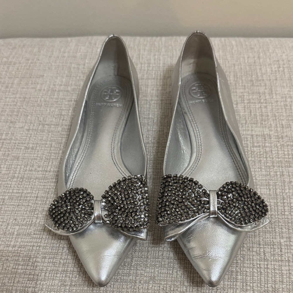 Tory Burch Silver Flats with Embellished Bow